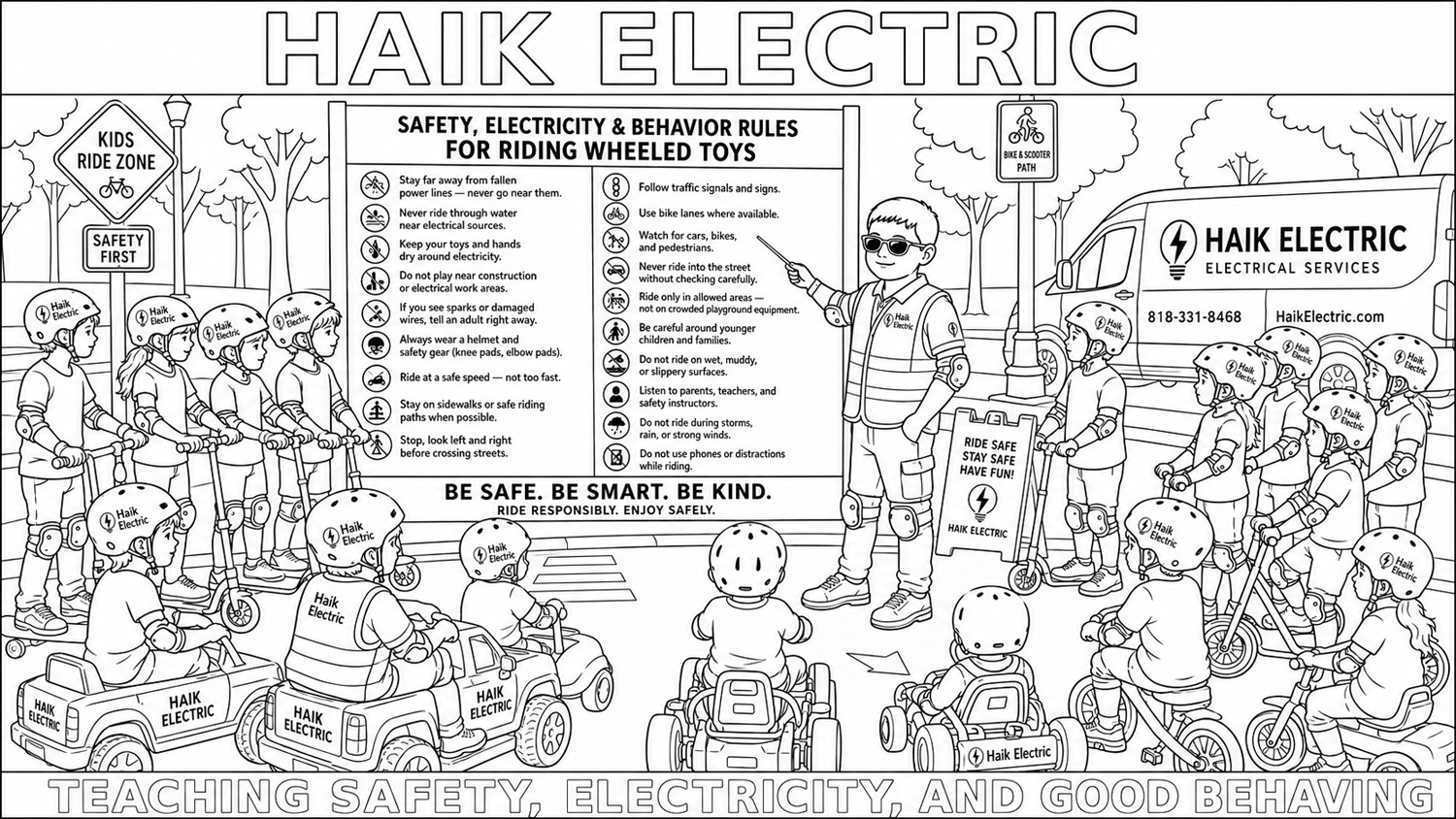 Printable Haik Electric riding safety, electricity, and good behavior coloring page
