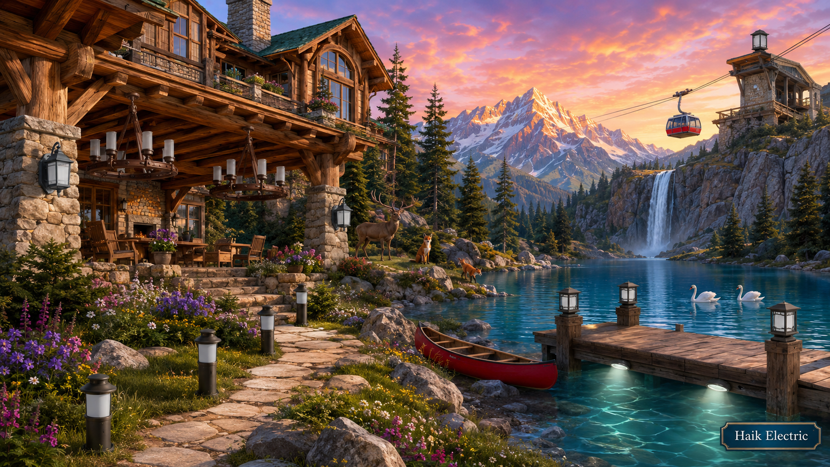 Beautiful Alpine Lakeside Lodge scene with fourteen different light fixtures to find