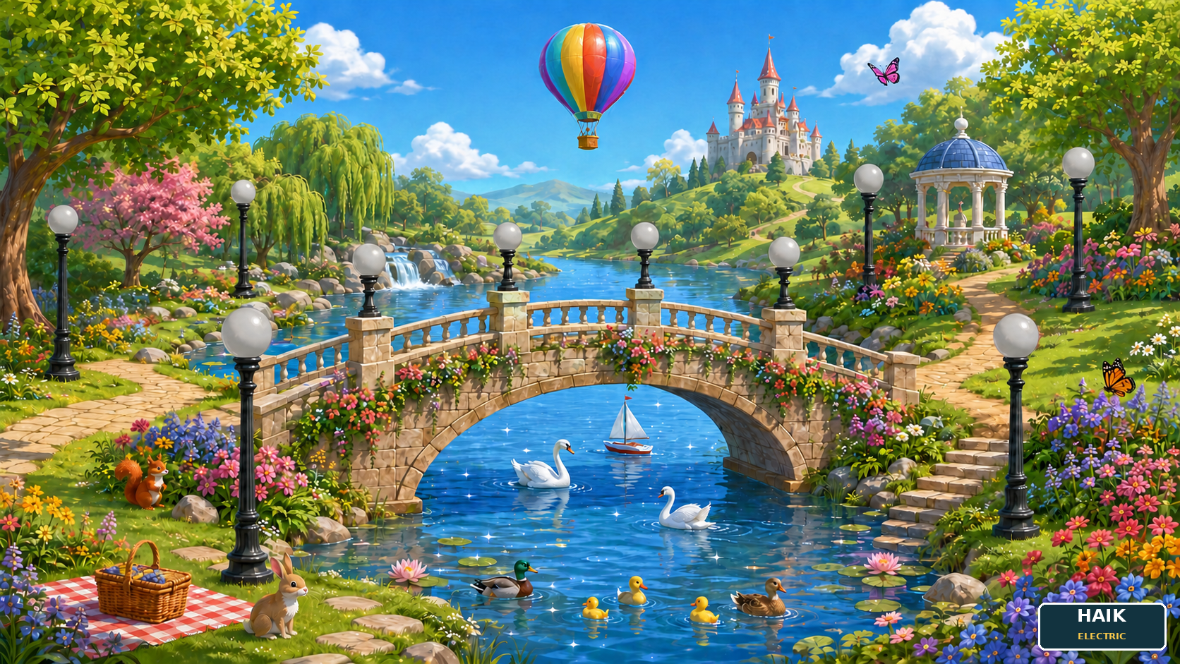 A beautiful bridge over a river with ten light posts, swans, ducks, sailboat, balloon, flowers, picnic, rabbit, squirrel, gazebo, and castle