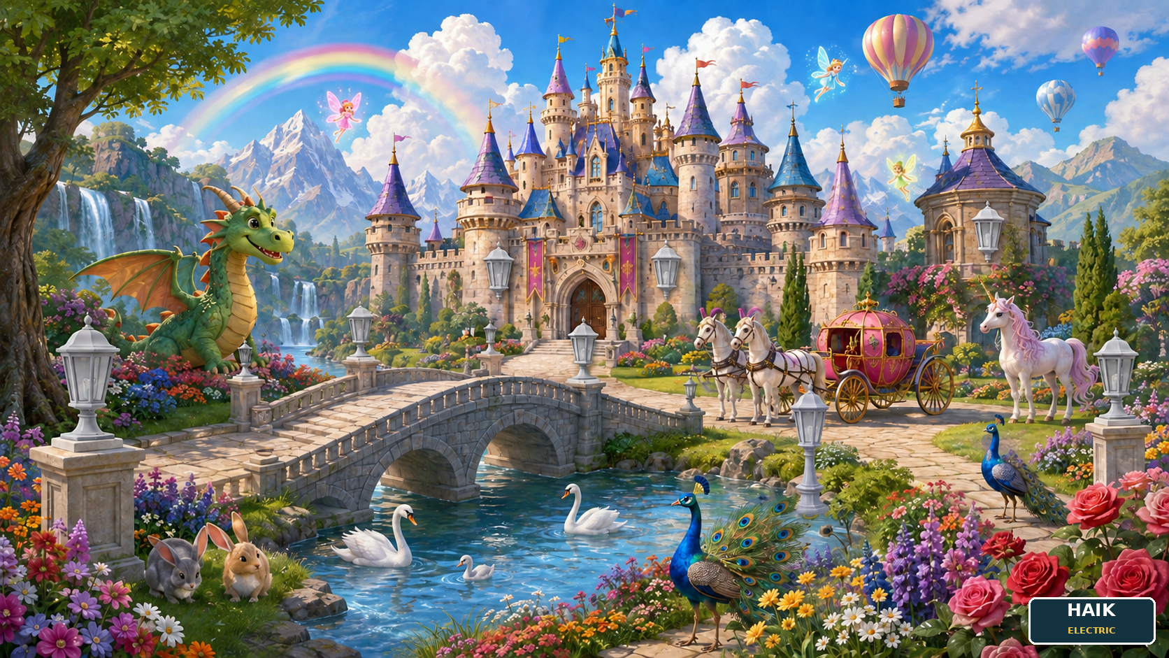 A magical castle with a friendly dragon, carriage and horses, unicorn, swans, rabbits, peacocks, fairies, balloons, rainbow, waterfalls, gardens, and eleven lights