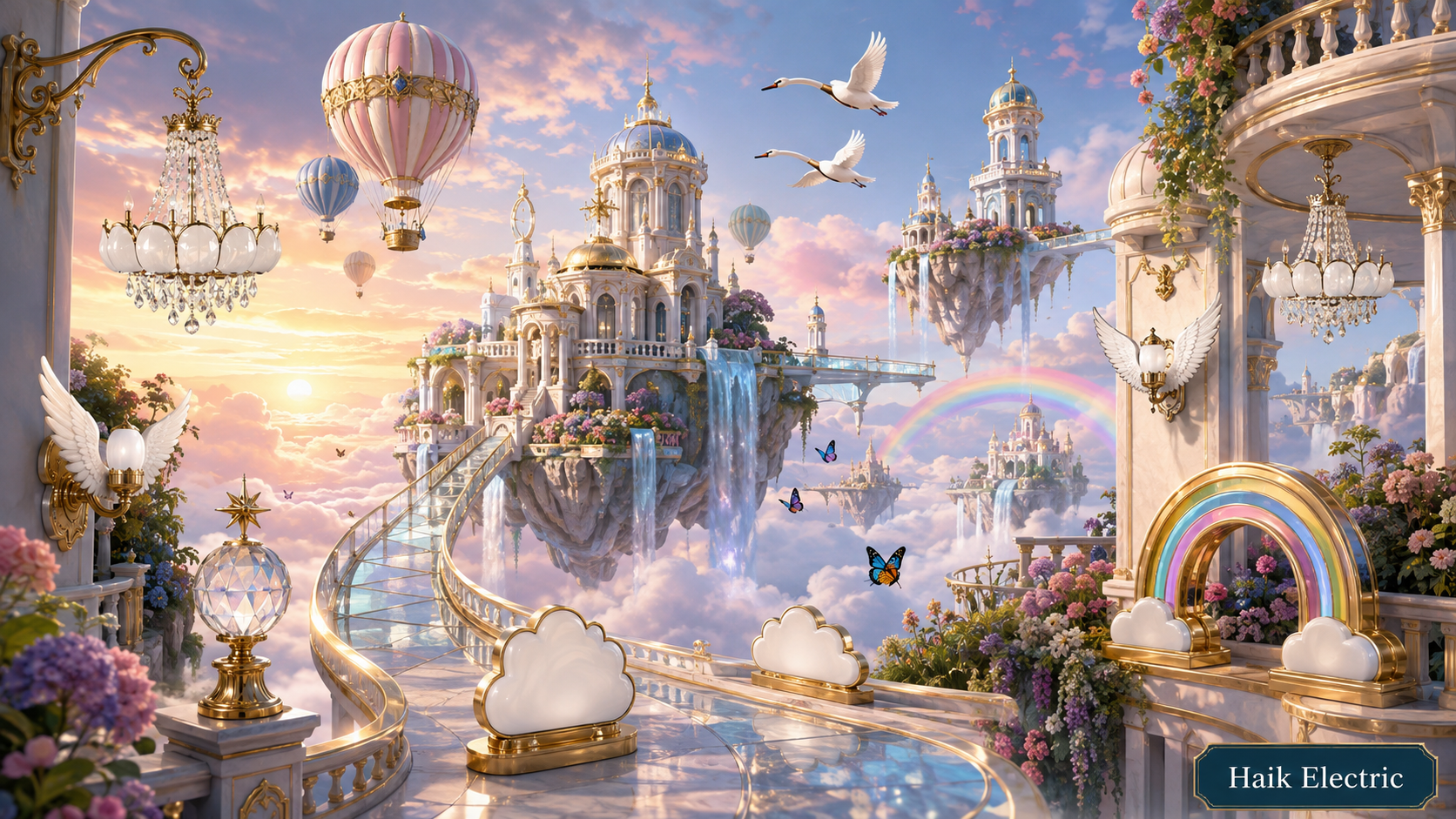 Beautiful Fantasy Cloud Palace scene with nine different light fixtures to find