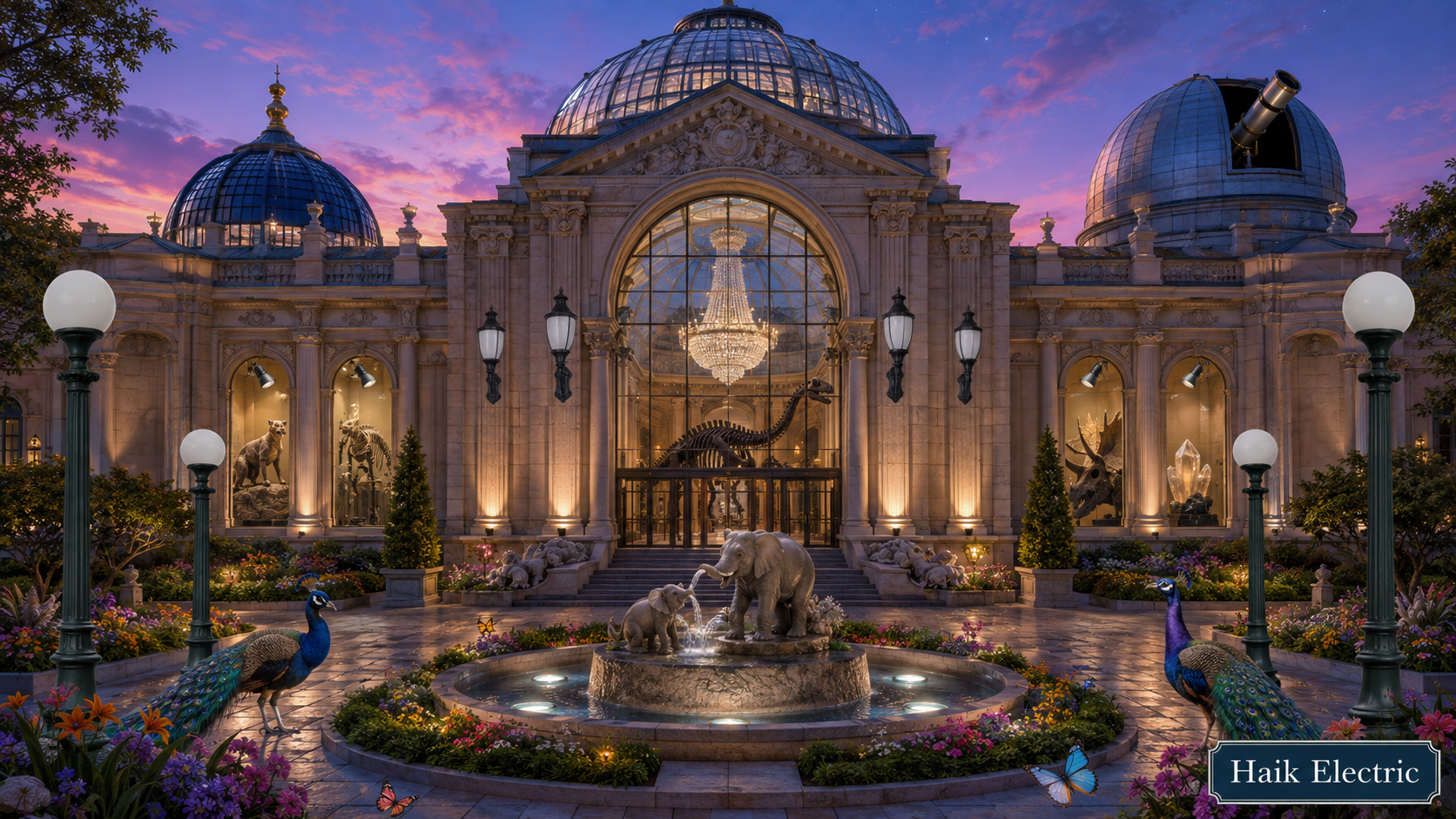 Beautiful Grand Natural History Museum scene with eighteen different light fixtures to find