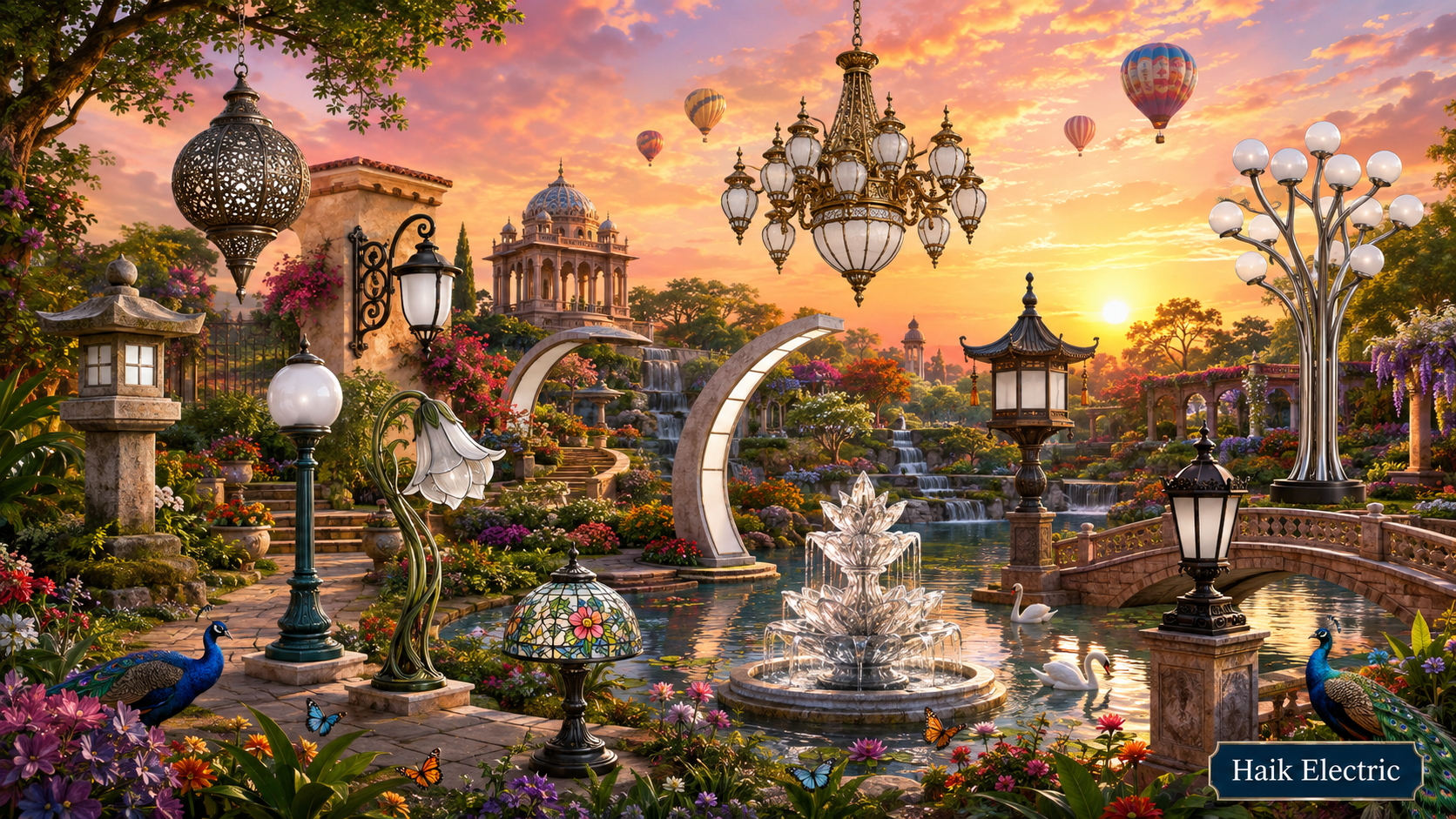 Beautiful Grand Garden Light Festival scene with thirteen different light fixtures to find
