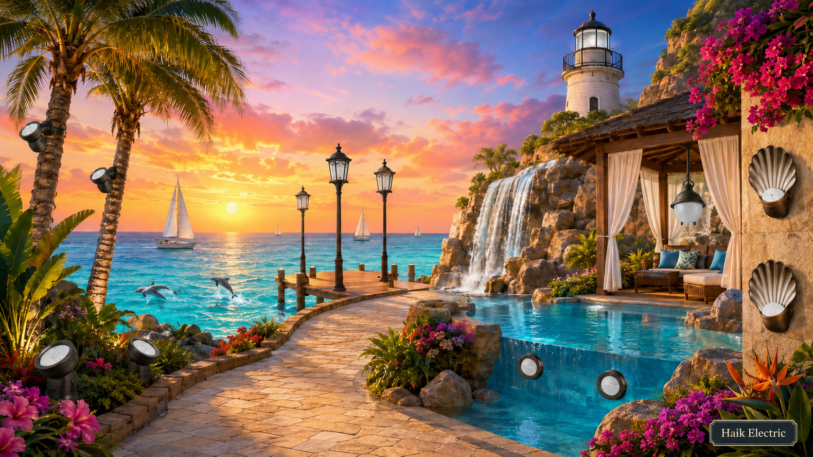 Beautiful Oceanfront Resort scene with thirteen different light fixtures to find