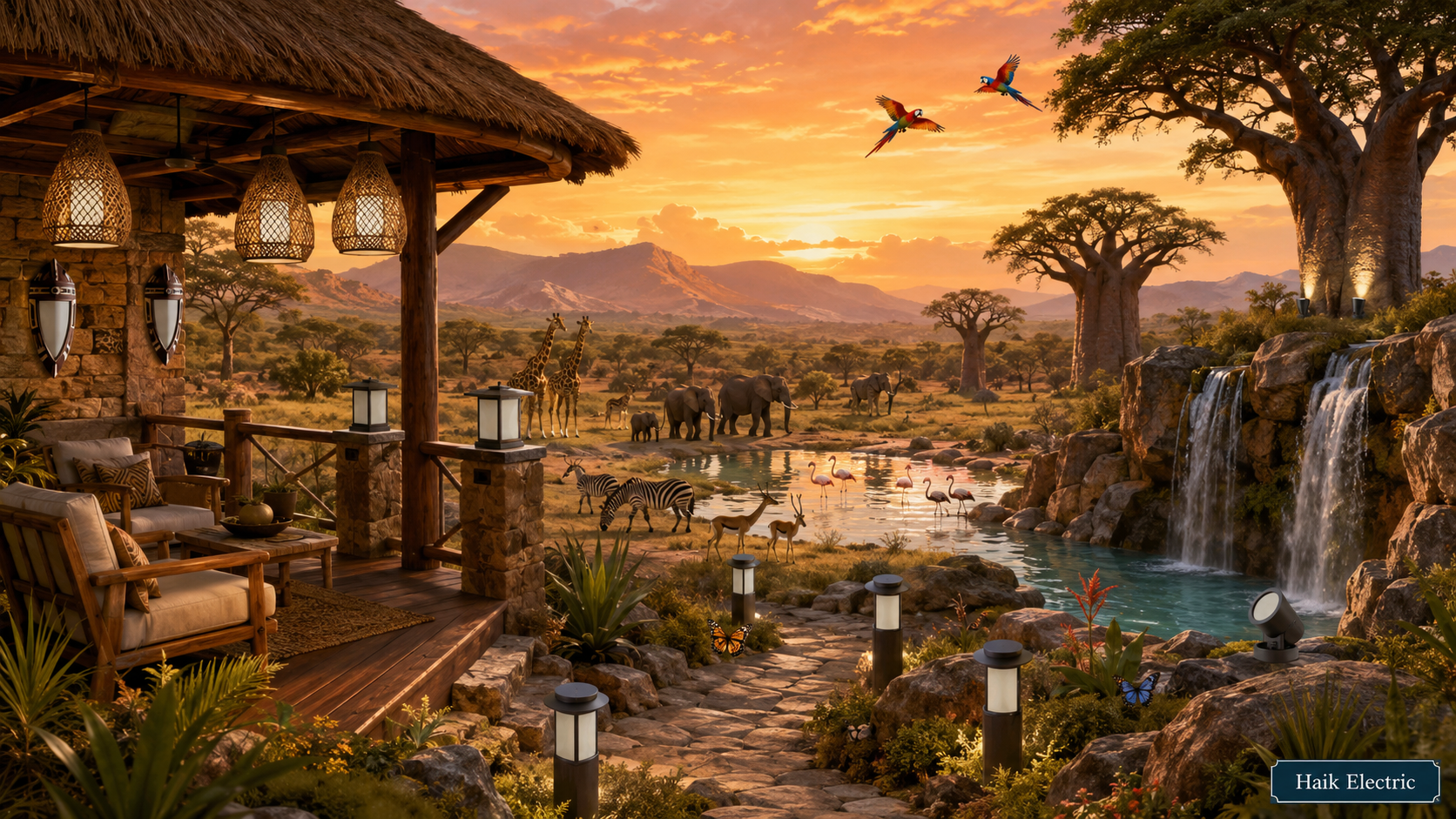 Beautiful Safari Lodge Overlook scene with twelve different light fixtures to find