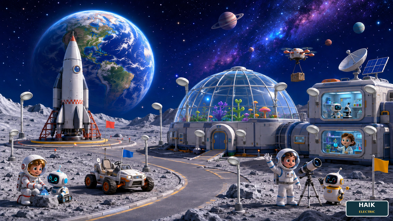 A spectacular moon base with Earth, planets, rocket, habitat dome, laboratory, astronauts, robots, lunar rover, telescope, drone, satellite, alien garden, and thirteen lights