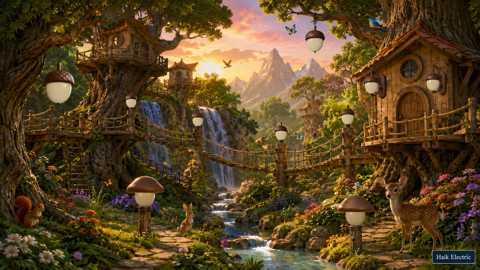 Beautiful Fantasy Treehouse Village scene with ten different light fixtures to find
