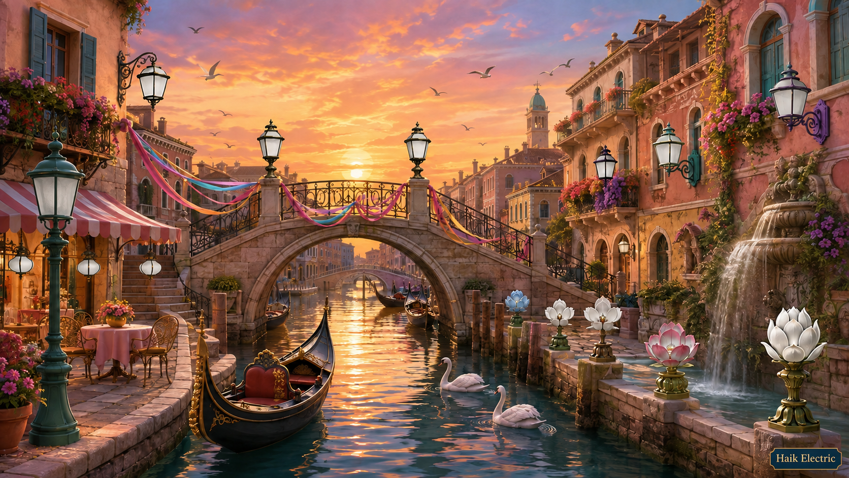 Beautiful Venetian Canal Festival scene with sixteen different light fixtures to find
