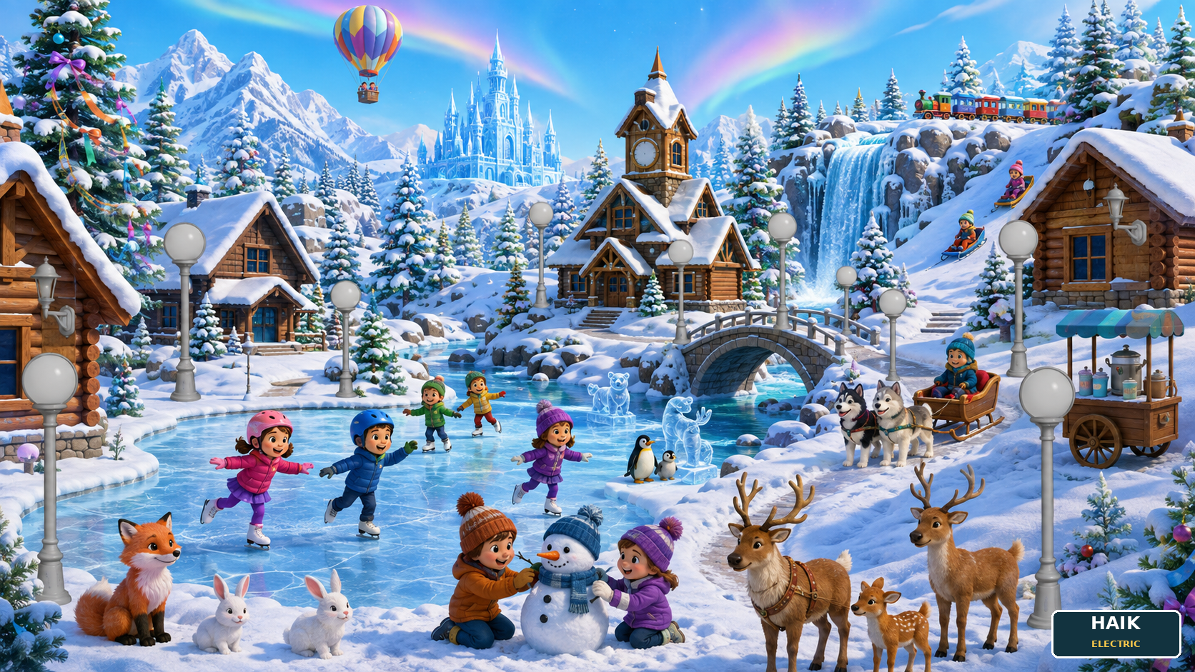 An Enchanted Winter Village with snowy cabins, skating pond, arched bridge, frozen waterfall, ice palace, huskies, sleigh, reindeer, penguins, rabbits, fox, snowman, toy train, balloon, aurora, and twelve lights